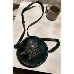 Vtg Artisan Hand-tooling Circular  Leather Crossbody Bag Studed Adjustable Strap